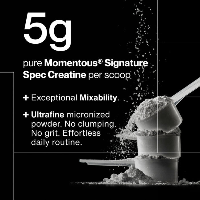 Momentous Creatine Monohydrate 90 servings jar on gray background showing 10x fewer impurities, 2 to 5x tighter heavy metal limits, zero microplastics or PFAS, and 6-stage testing protocol