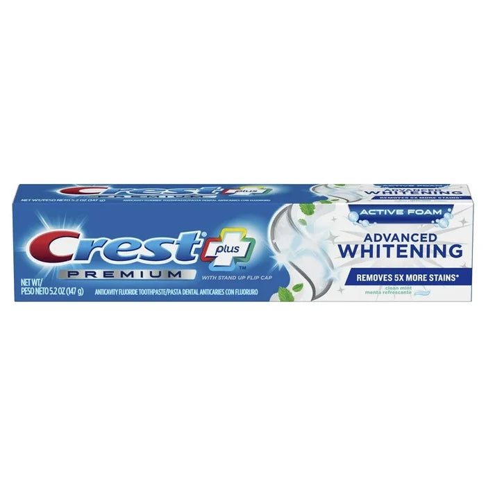 CREST Active Foam Advanced Whitening removes 5x more stains clean mint معجون الاسنان من كريست
