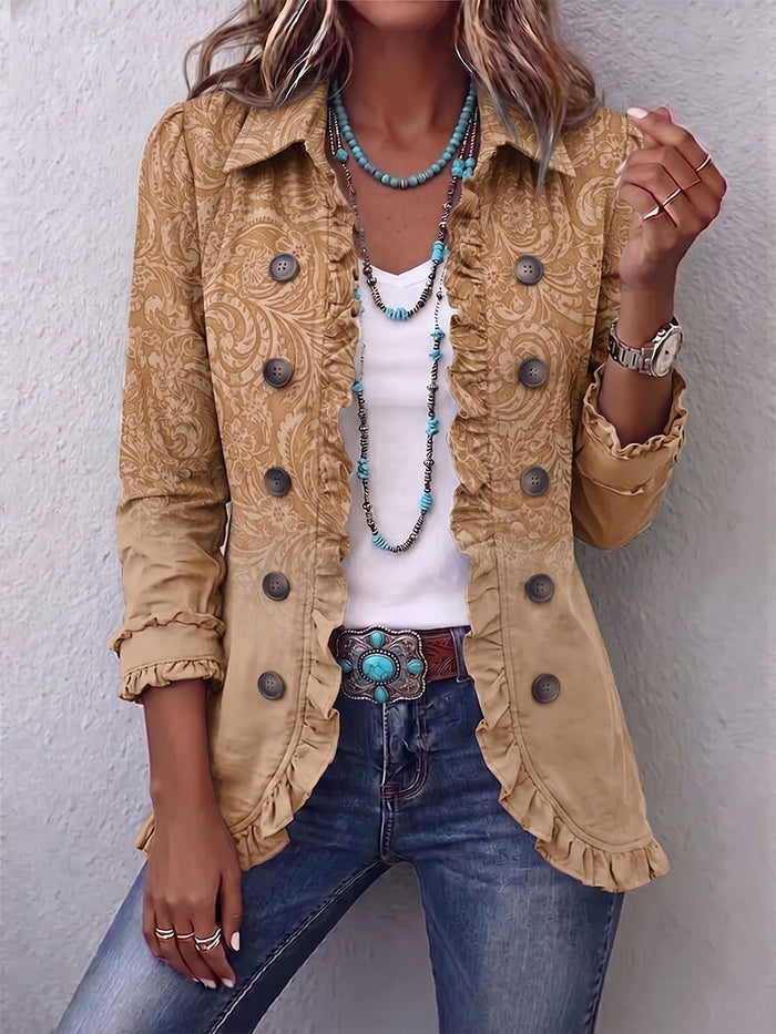 Khaki western-print ruffle jacket with double-breasted buttons and ruffled collar, cuffs, and hem