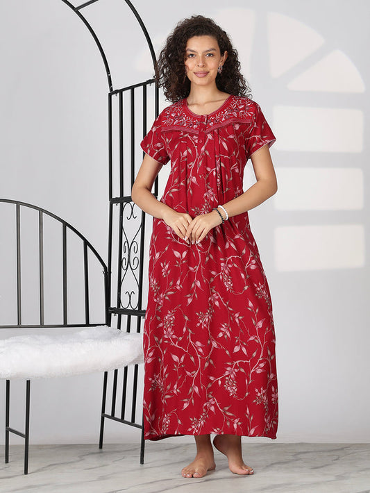 Crimson red floral alpine nighty dress for Women