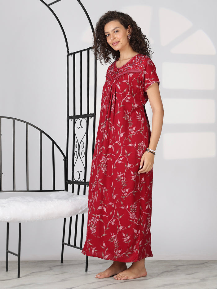 Crimson red floral alpine nighty dress for Women