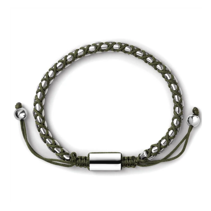 Crimson Weave SteelLink Bracelet with Braided Olive Green Cord