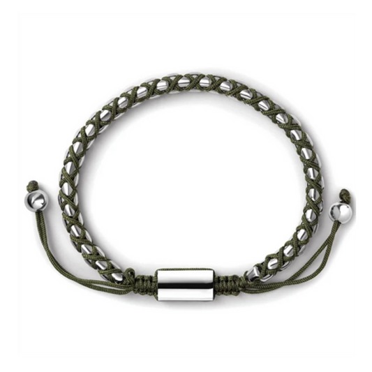 Crimson Weave SteelLink Bracelet with Braided Olive Green Cord