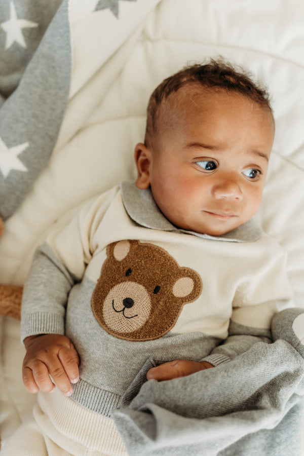 Cuddly Bear Applique Sweater Knit Collar Baby Pullover (Organic Cotton)