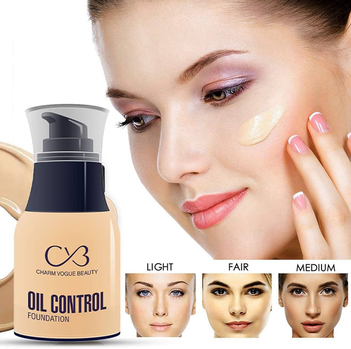 Oil control foundation bottle with a model applying it to her face, showing different skin tones.