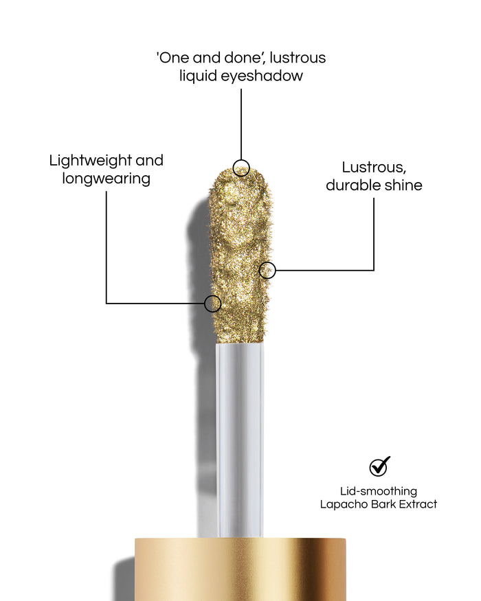 Liquid Lurex Eyeshadow applicator tip with text highlighting features: 'One and done', lustrous liquid eyeshadow. Lightweight and longwearing. Lustrous, durable shine. Lid-smoothing Lapacho Bark Extract. In shade Daphne.