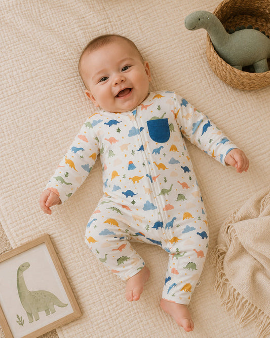 Baby Wearing Dino Classic Baby Jumpsuit, Organic Jersey by Viverano