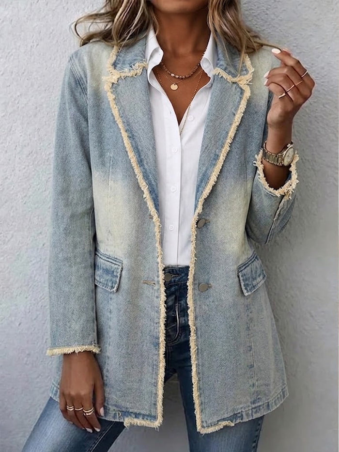 Light wash blue oversized blazer with raw edge trim and notched lapel