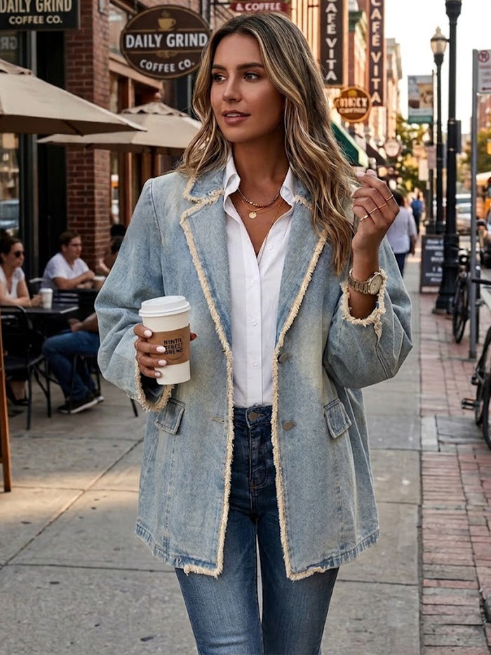 Light wash blue oversized blazer with raw edge trim and notched lapel