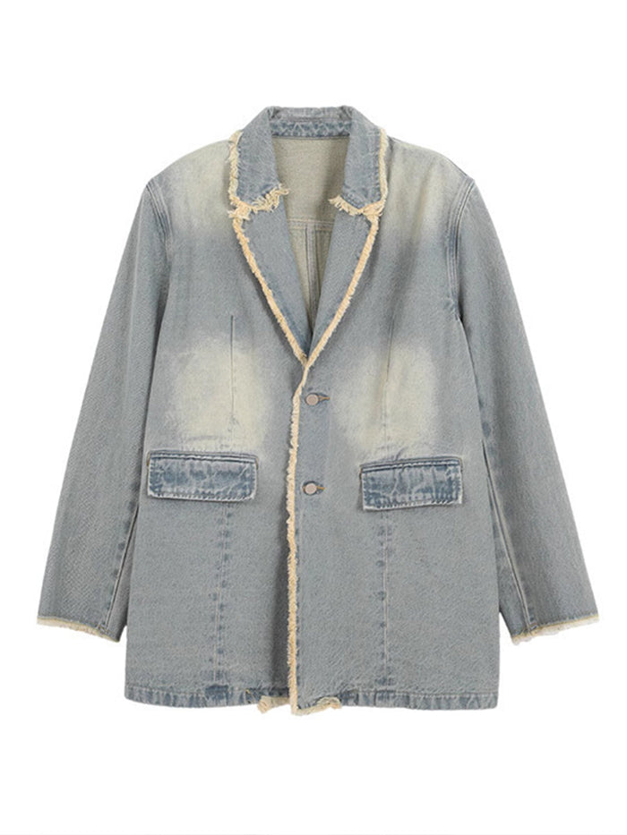 Light wash blue oversized blazer with raw edge trim and notched lapel