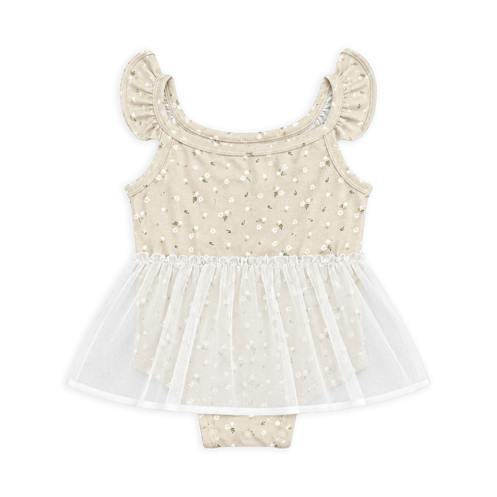 front of Ditsy Floral Ruffle Tutu Baby Girl Romper made of Organic Jersey