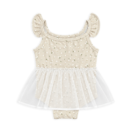 front of Ditsy Floral Ruffle Tutu Baby Girl Romper made of Organic Jersey