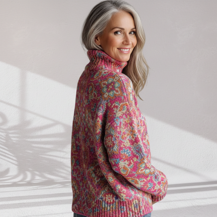 Donna pink floral knit turtleneck sweater with ribbed cuffs and hem