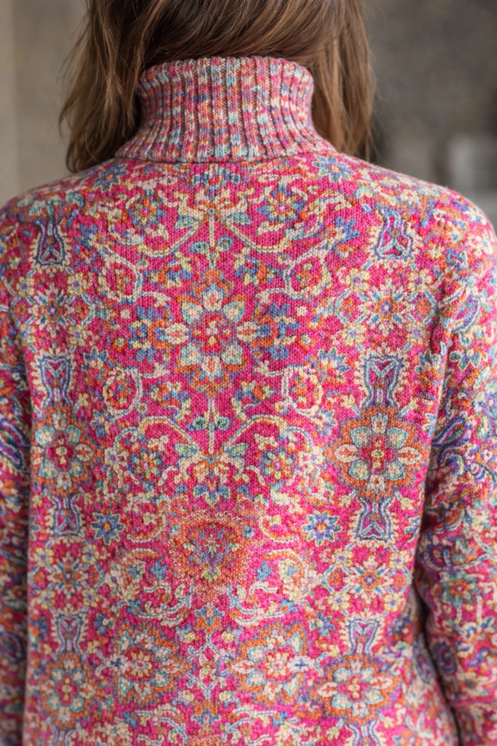 Donna pink floral knit turtleneck sweater with ribbed cuffs and hem