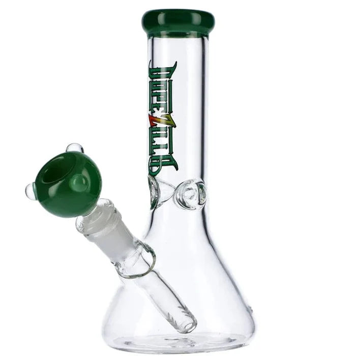A front view of the 7-inch Dopezilla Lil Zilla Water Pipe, featuring a milky teal accent on its glass construction.
