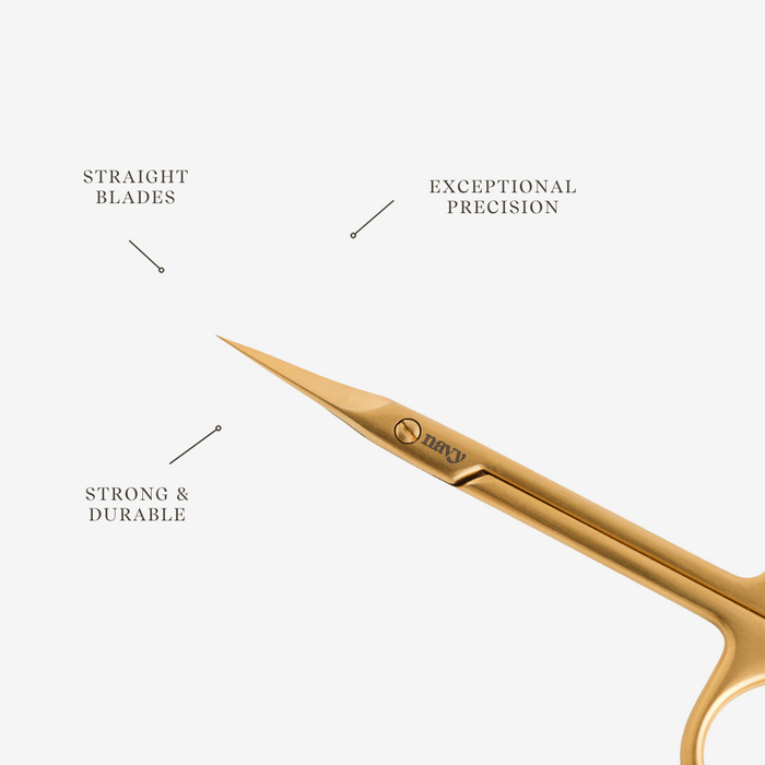 Gold scissors with text highlighting features on a white background