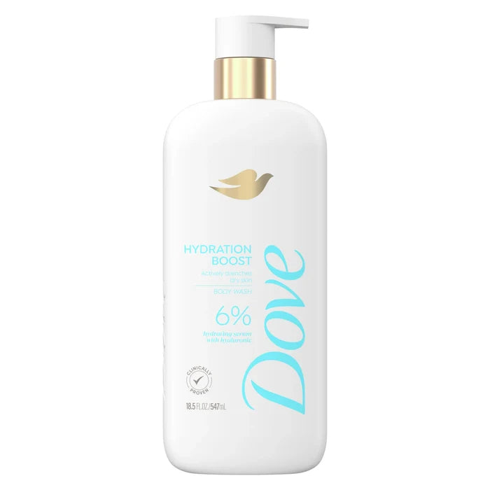 DOVE hydration boost actively dranches dry skin body wash 6% hydration serum with hyaluronic غسول الجسم من دوف