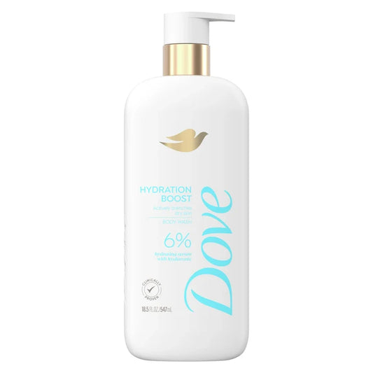 DOVE hydration boost actively dranches dry skin body wash 6% hydration serum with hyaluronic غسول الجسم من دوف