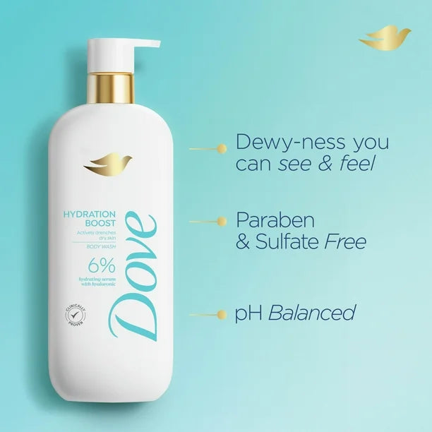 DOVE hydration boost actively dranches dry skin body wash 6% hydration serum with hyaluronic غسول الجسم من دوف