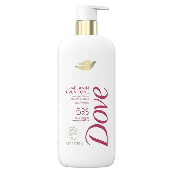 DOVE melanin even tone gentle exfoliates for even skin tone body wash 5% pro ceramide serum with BHA غسول الجسم لتوحيد لون البشرة من دوف