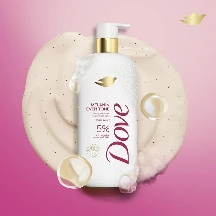 DOVE melanin even tone gentle exfoliates for even skin tone body wash 5% pro ceramide serum with BHA غسول الجسم لتوحيد لون البشرة من دوف