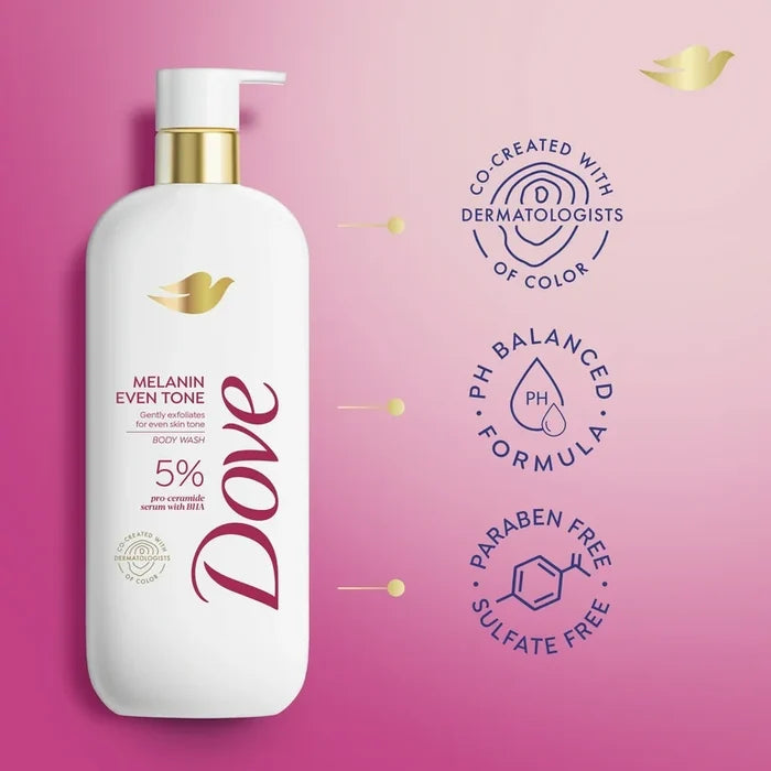 DOVE melanin even tone gentle exfoliates for even skin tone body wash 5% pro ceramide serum with BHA غسول الجسم لتوحيد لون البشرة من دوف