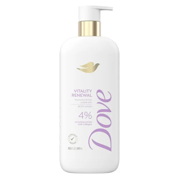 DOVE Vitality Renewal promotes firmer supple skin body wash 4% pro restoring serum with collagen غسول الجسم من دوف