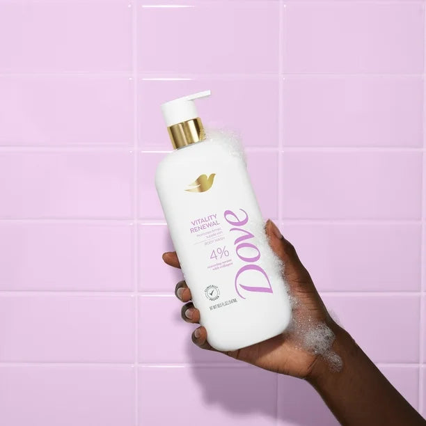 DOVE Vitality Renewal promotes firmer supple skin body wash 4% pro restoring serum with collagen غسول الجسم من دوف