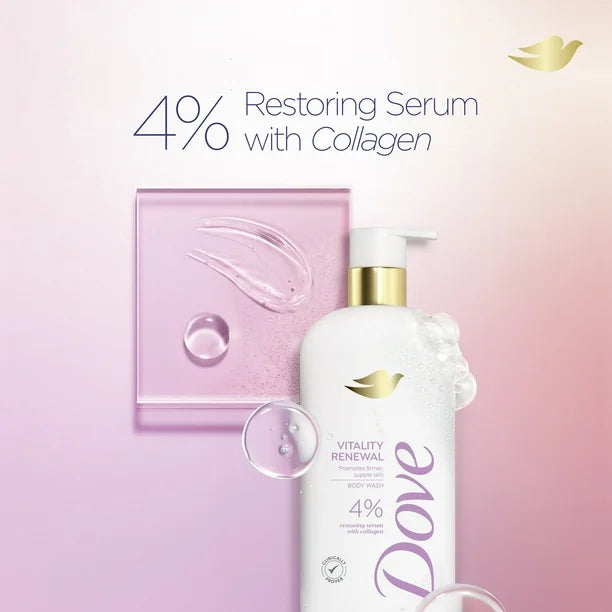 DOVE Vitality Renewal promotes firmer supple skin body wash 4% pro restoring serum with collagen غسول الجسم من دوف