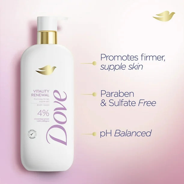 DOVE Vitality Renewal promotes firmer supple skin body wash 4% pro restoring serum with collagen غسول الجسم من دوف
