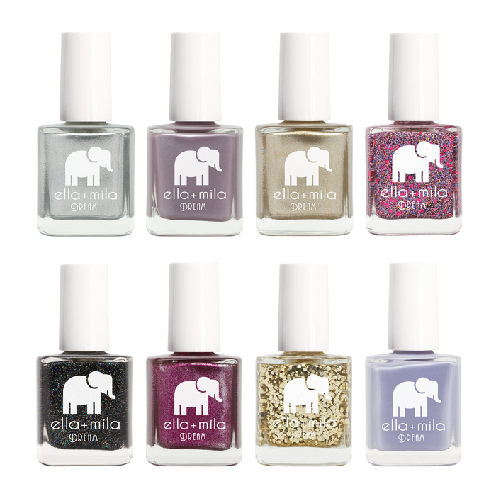 Dream Collection 8 nail polish bottles in grey, mauve, gold glitter, plum and lavender