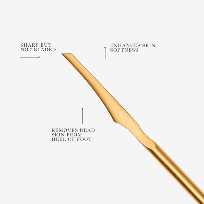 Gold foot file with text describing its features on a white background