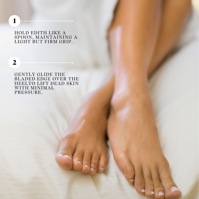 Close-up of feet with text instructions on a white background