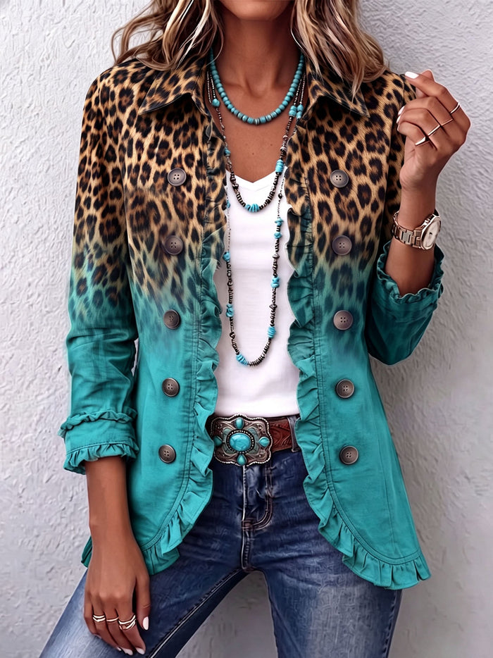 Fitted leopard ombre ruffle blazer jacket with gently flared hem