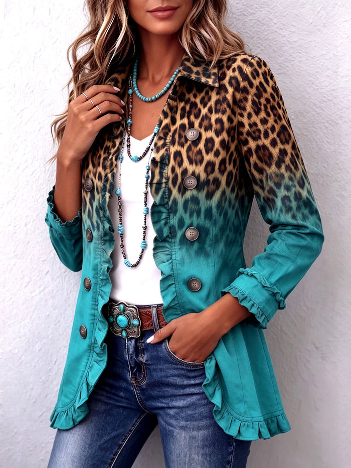 Fitted leopard ombre ruffle blazer jacket with gently flared hem