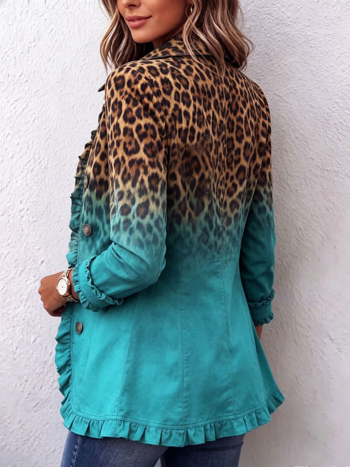 Fitted leopard ombre ruffle blazer jacket with gently flared hem