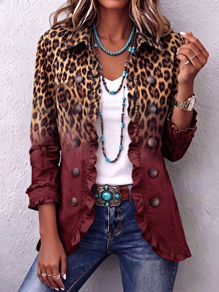 Fitted leopard ombre ruffle blazer jacket with gently flared hem