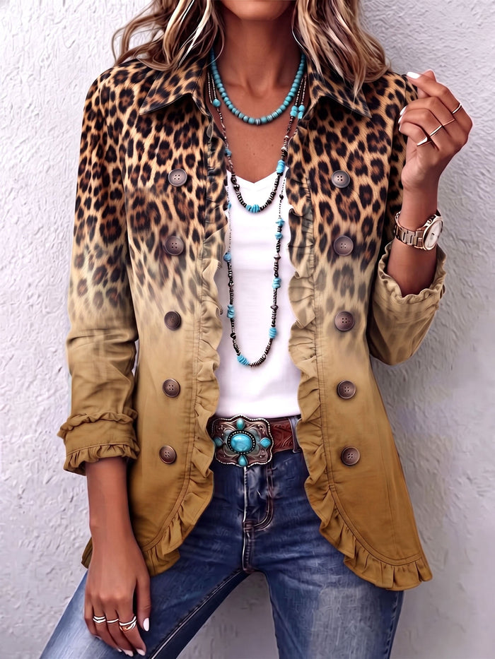 Fitted leopard ombre ruffle blazer jacket with gently flared hem