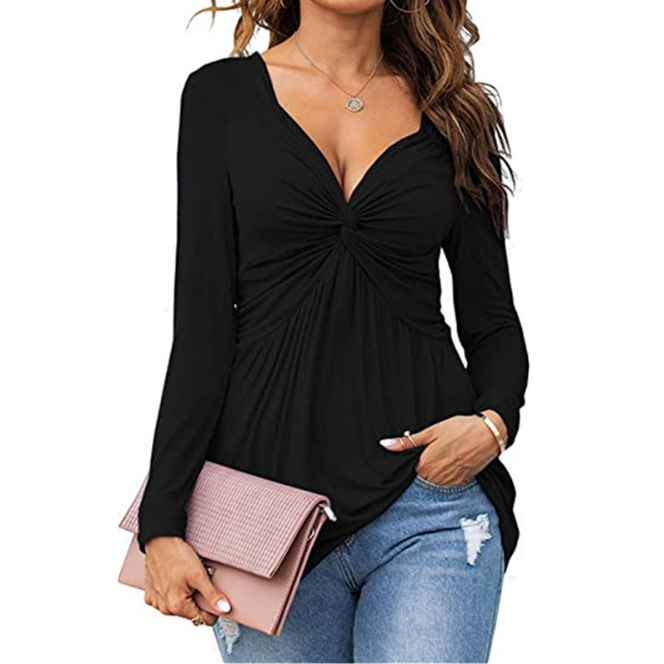 Emma casual V-neck blouse with front knot detail and long sleeves