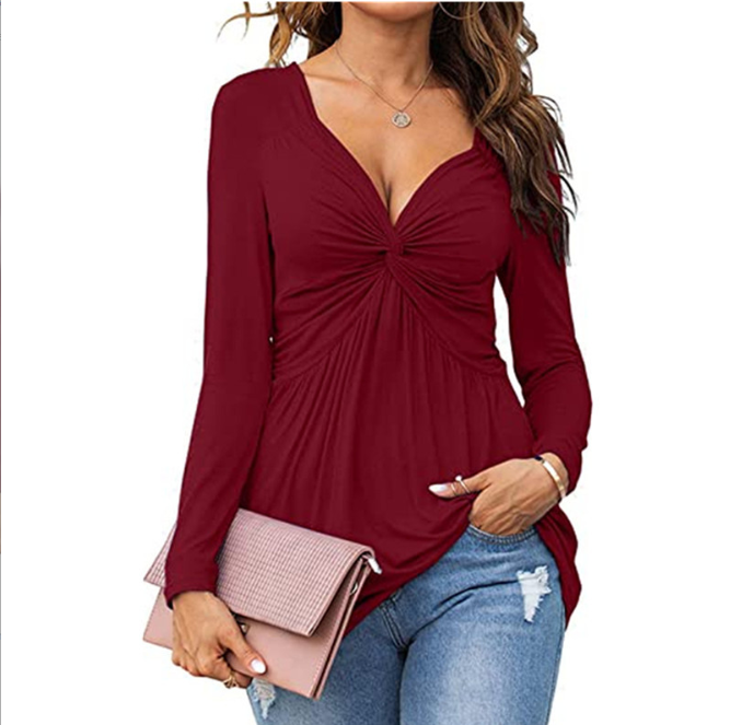 Emma casual V-neck blouse with front knot detail and long sleeves
