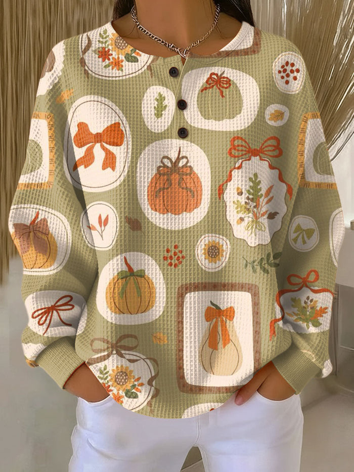 Emyrisse multicolor autumn sweater with bow and pumpkin motifs and relaxed fit