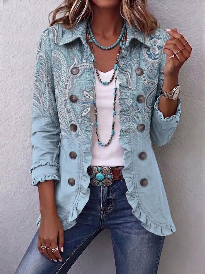 Sky blue vintage paisley print jacket with ruffled trim, shirt collar, and roll-up sleeves