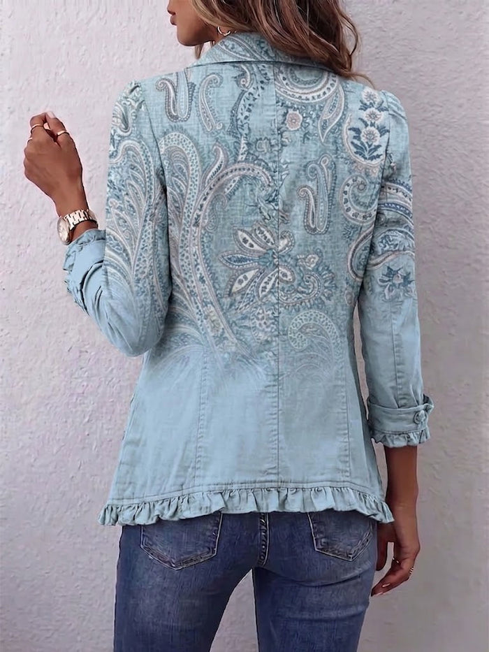 Sky blue vintage paisley print jacket with ruffled trim, shirt collar, and roll-up sleeves