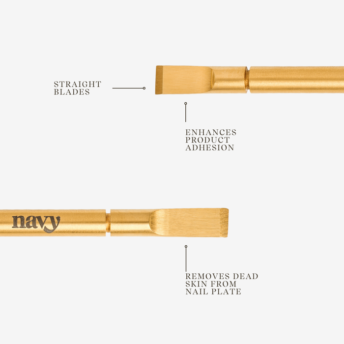 Gold blades with text on a white background