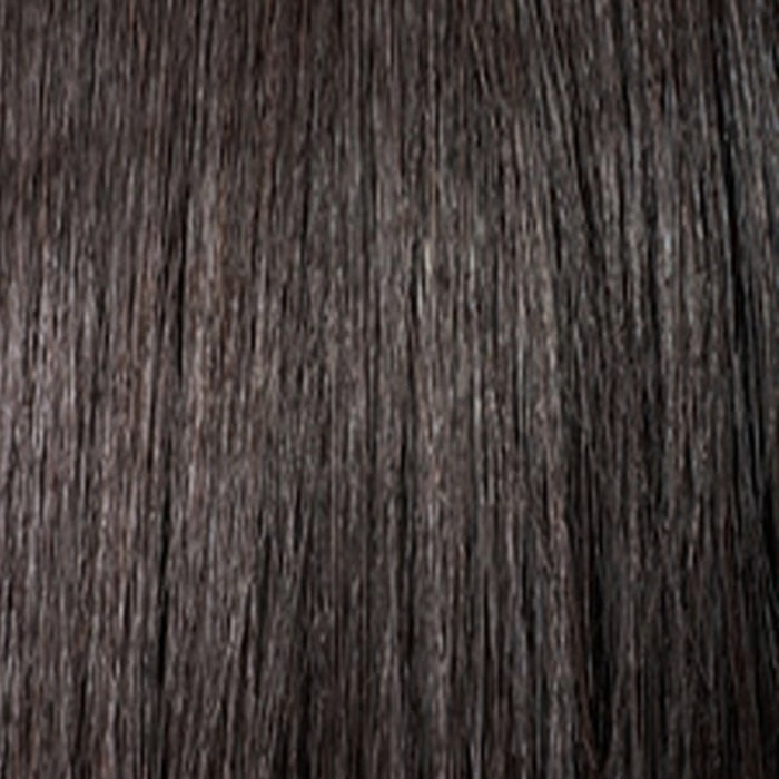Close-up of OUTRE 16 inch lace front wig with straight dark brown synthetic hair strands