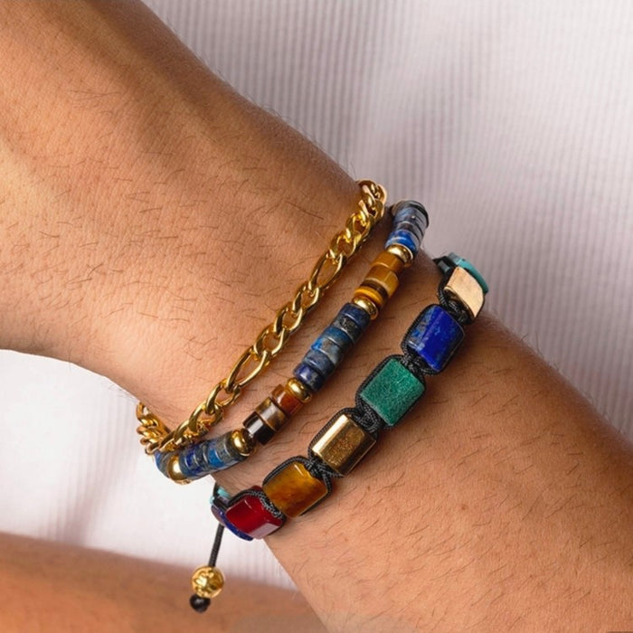 Eye of Dharma Flatbead Collection – Turquoise, Tiger Eye, Lapis Lazuli  Gold Bracelet