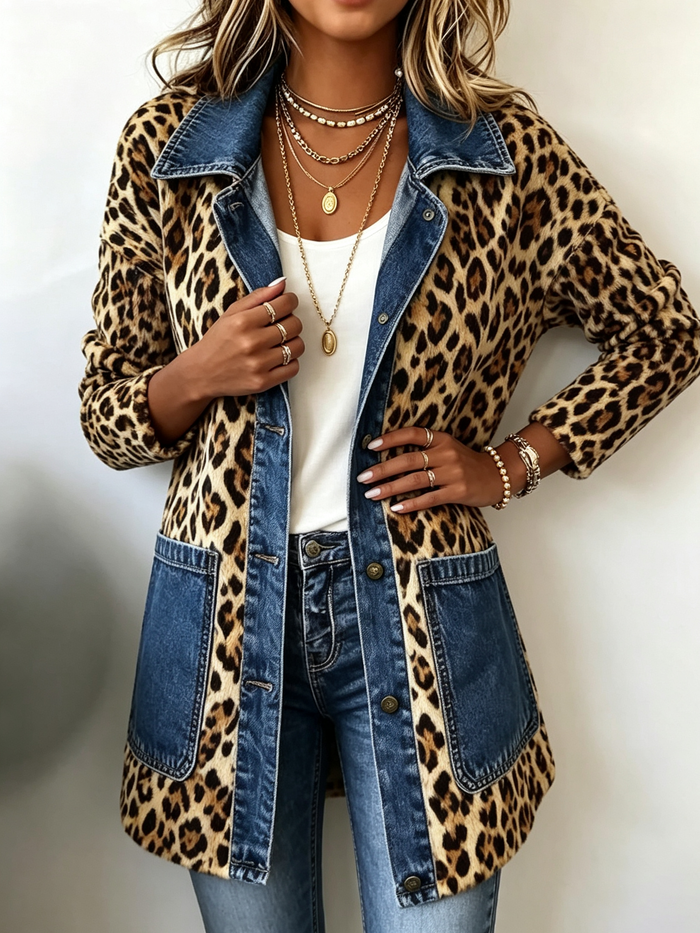 Leopard print longline jacket with blue denim panel trim and relaxed fit
