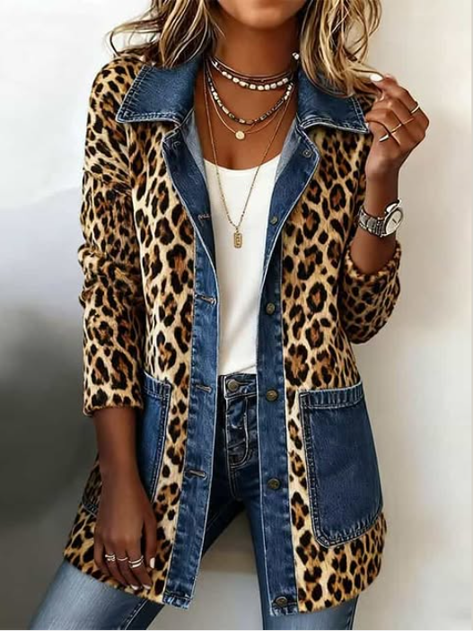 Leopard print longline jacket with blue denim panel trim and relaxed fit