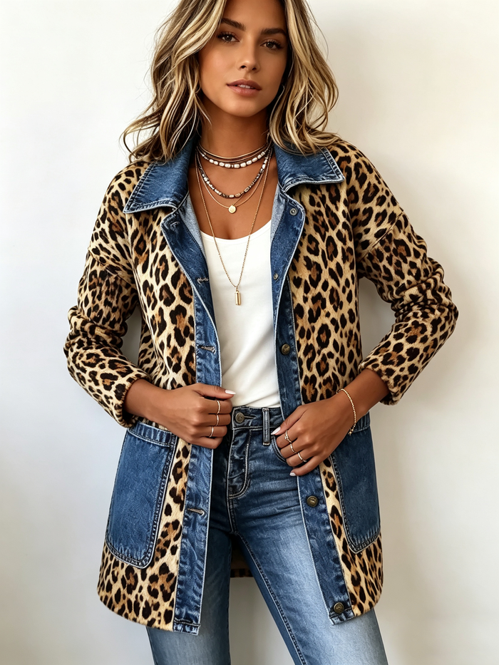 Leopard print longline jacket with blue denim panel trim and relaxed fit
