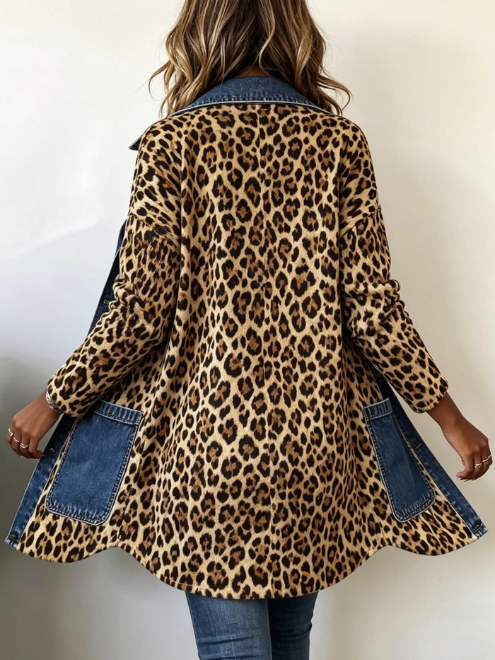 Leopard print longline jacket with blue denim panel trim and relaxed fit